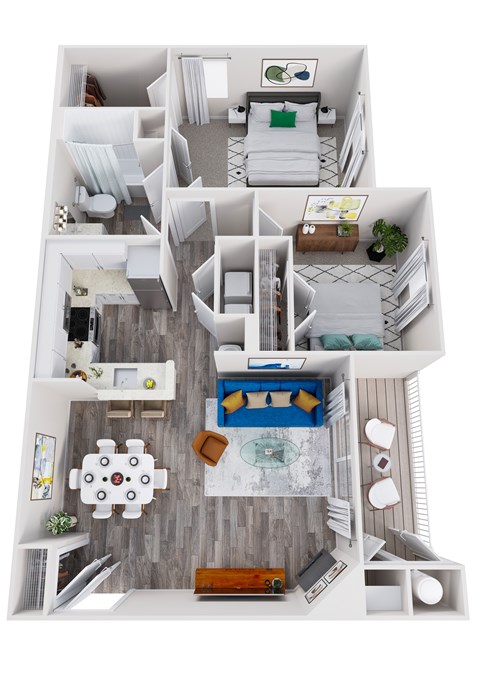 Floor plan for 2 beds, 1 bath, 970 sqft